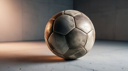A soccer ball with prominent scuff marks and faded panel lines, displayed on a flat concrete-textured studio surface with subtle gradient shading, soft cinematic lighting.