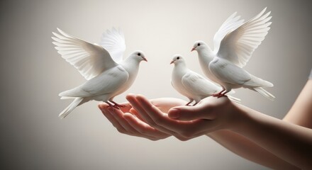 Fototapeta premium Human Hands Gently Holding Three White Doves Symbolizing Care