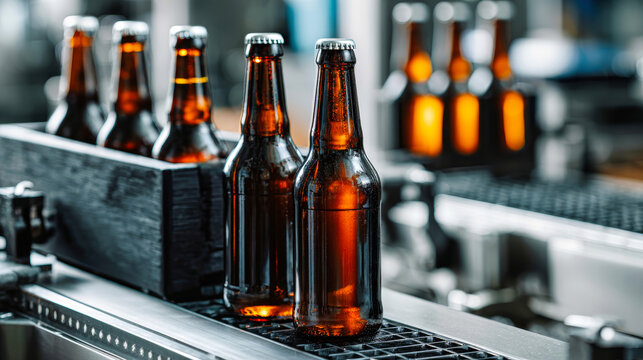 Bottling process of craft beer in a brewery with amber glass bottles on a conveyor belt - Powered by Adobe