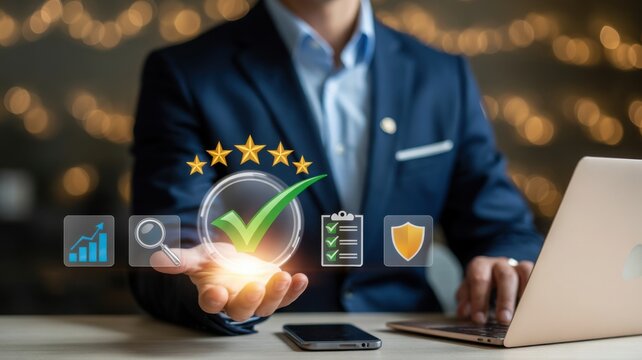 The businessman is using laptop and showing five star rating with check mark