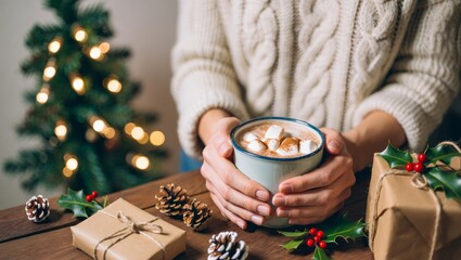 Woman's hands cradling a festive mug of hot cocoa with marshmallows, surrounded by holiday gifts, pine cones and holly, soft bokeh of christmas lights in background