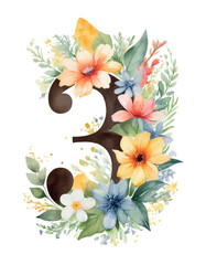 Watercolor numbers decorated with summer flowers on white isolated background. Birthday. Romantic elements for the holiday