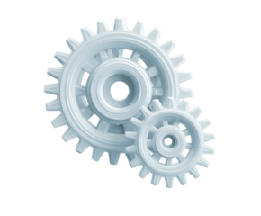 Two white gears a 3D rendering on Transparent Background representing mechanical processes and teamwork