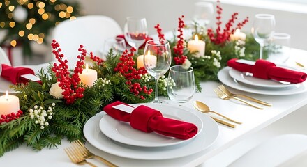 Elegant christmas table setting with festive decorations holiday dinner arrangement with candles, red berries, and evergreen branches for a cozy celebration