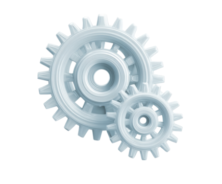Two white gears a 3D rendering on Transparent Background representing mechanical processes and teamwork