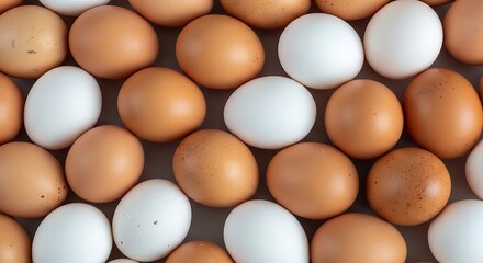 A collection of brown and white eggs, creating a natural and organic food background, top view