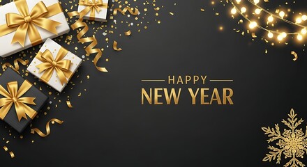 Elegant New Year Celebration with Gifts, Lights, Confetti, and a Snowflake on Black Background