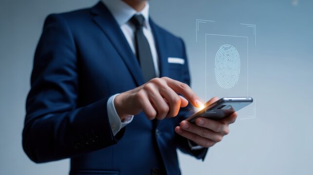 A businessman in a suit using a smartphone to manage his global business, showcasing connectivity and innovation