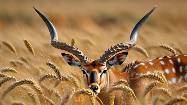 Nyala Antelope with Spiral Horns in Golden Wheat Field Looking at Camera