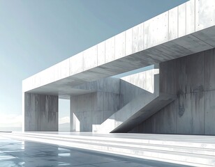 Obraz premium Minimalist concrete architecture with stairs and water reflection in a geometric design