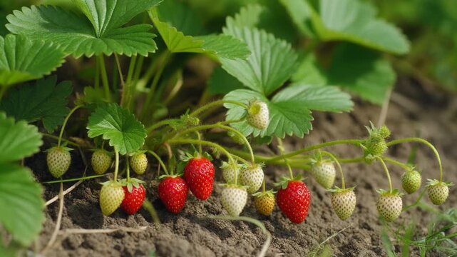 Ripe Red and Unripe Green Strawberries Growing on a Plant in a Home Garden Ready for Harvest