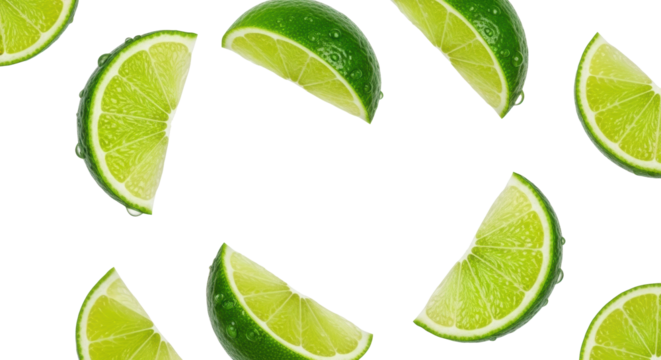 Bright green, juicy lime wedges with translucent pulp and textured zest, glistening, captured mid-air on a white studio background, copy space, concept of refreshing citrus zest