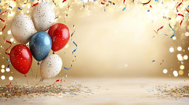 Festive balloons, confetti, celebration; party background - Powered by Adobe