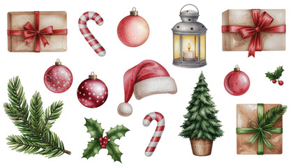 A set of watercolor Christmas clipart elements. Hand-painted holiday illustrations including gifts, ornaments, candy canes, and a lantern. Decorative art pack isolated on a transparent background. PNG