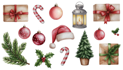 A set of watercolor Christmas clipart elements. Hand-painted holiday illustrations including gifts, ornaments, candy canes, and a lantern. Decorative art pack isolated on a transparent background. PNG