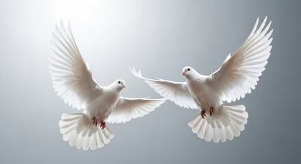 Fototapeta premium Graceful White Doves Flying Together on Grey Background
