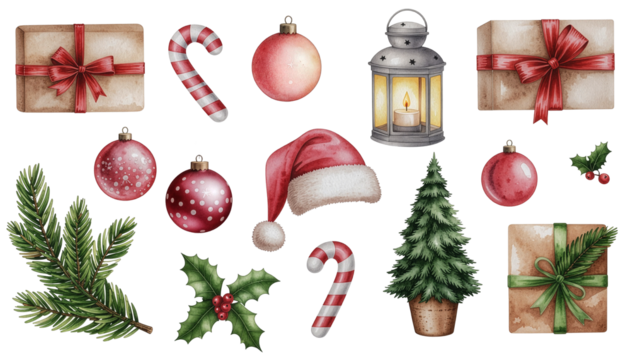 A set of watercolor Christmas clipart elements. Hand-painted holiday illustrations including gifts, ornaments, candy canes, and a lantern. Decorative art pack isolated on a transparent background. PNG - Powered by Adobe