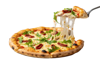 Golden crust italian pizza, melted provolone, arugula, tomatoes. server lifts slice, elastic cheese pull, isolated background. food advertising concept
