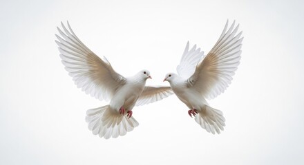 Fototapeta premium Pair of Beautiful White Doves Meeting in Flight on White Background