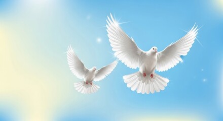 Obraz premium Pair of White Peace Doves Flying in Blue Sky with Sparkles