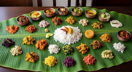 A vibrant south indian thali meal served on a banana leaf, showcasing a variety of colorful dishes and flavors, a culinary delight