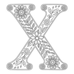 Floral Letter X Coloring Page, Decorative Alphabet Outline with Flowers and Leaves, Botanical Monogram Coloring Design