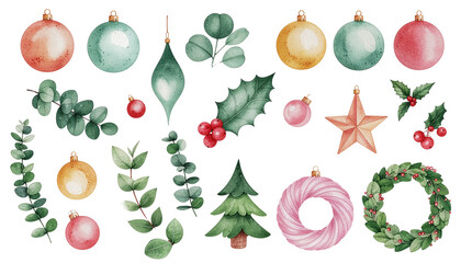 A set of pastel watercolor Christmas illustrations. Hand-painted pink, purple, and gold ornaments, pine trees, and floral greenery. Soft holiday clipart elements for greeting cards. PNG