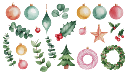 A set of pastel watercolor Christmas illustrations. Hand-painted pink, purple, and gold ornaments, pine trees, and floral greenery. Soft holiday clipart elements for greeting cards. PNG