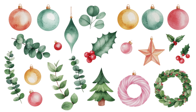 A set of pastel watercolor Christmas illustrations. Hand-painted pink, purple, and gold ornaments, pine trees, and floral greenery. Soft holiday clipart elements for greeting cards. PNG