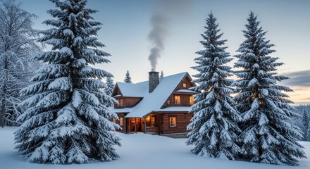 Fototapeta premium Snow-covered cozy log cabin nestled among winter wonderland scenery and frosty trees