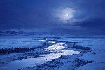 Fototapeta premium Snowy plateau glowing blue under full moon frozen river cut through vast expanse authentic teaching moment realistic human expression natural soft lighting shallow DOF cinematic tone photorealistic