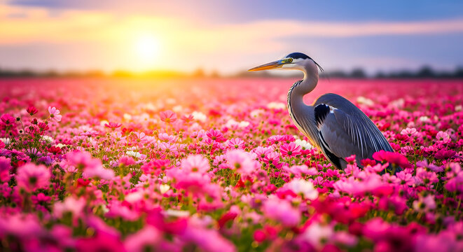 Majestic Great Blue Heron Standing Proudly Amidst a Field of Vibrant Pink Wildflowers at Golden Hour Sunset