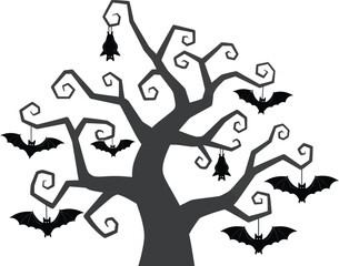 Haunted silhouette tree with bats for halloween spooky season decorations and atmospheric design elements isolated on white background