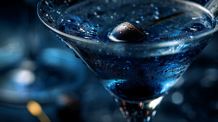 Chilled vibrant blue martini cocktail with an olive garnish on a dark background