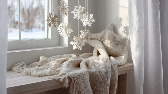 Cozy holiday corner by the window with cotton blanket and handmade snowflakes