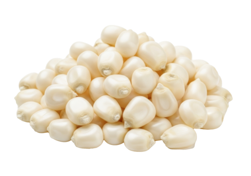 A vibrant, plump pile of shiny white sweet corn kernels, each perfectly defined with dimpled texture, centrally placed against a transparent background with copy space, concept for healthy food