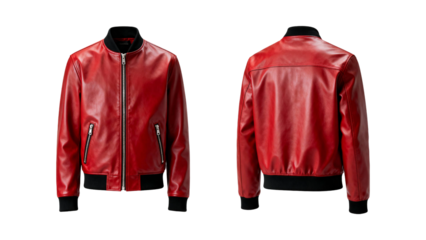 Red leather bomber jacket front and back view on white background fashion isolated on a transparent background
