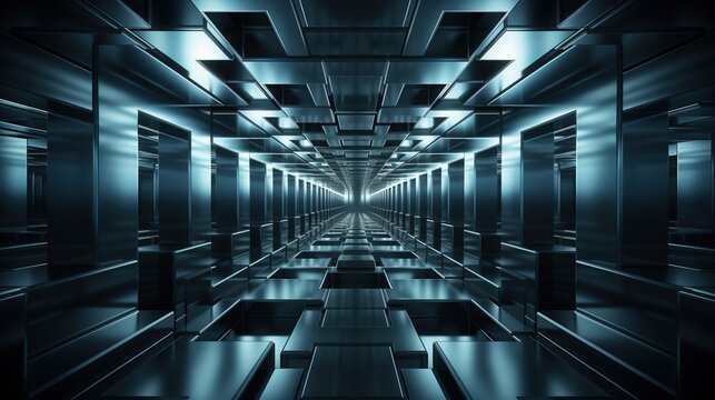 A futuristic dark blue background with metallic rectangular shapes forming a symmetrical endless tunnel with deep shadows and a panoramic perspective.