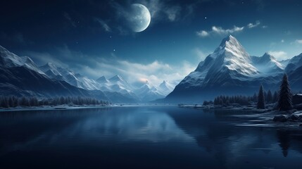 A moonlit night over snowy mountains with reflections on calm waters and snow covered peaks creating a peaceful yet mysterious scene.