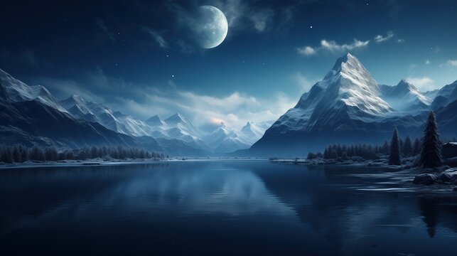 A moonlit night over snowy mountains with reflections on calm waters and snow covered peaks creating a peaceful yet mysterious scene. - Powered by Adobe