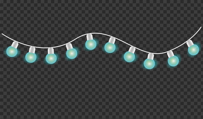 Glowing teal christmas lights string on transparent background