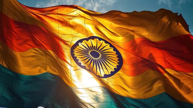 A large Indian flag waving high in the sky, suitable for patriotic or national celebrations