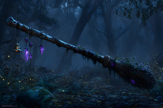 Mystical enchanted broomstick floating in moonlit forest - Powered by Adobe