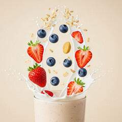 A swirl of fruit and grains with berries, milk splashes