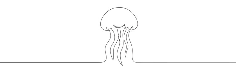 A continuous one-line drawing of a jellyfish, showcasing its bell and flowing tentacles, against a clean white background