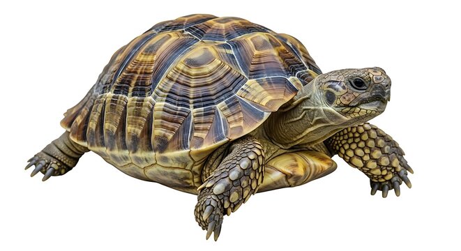 A land turtle with a patterned shell, isolated on white background, slowly moving across the ground, a symbol of longevity and resilience in nature
