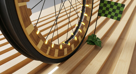 Bicycle wheel with wooden rim rolling on slatted ramp
A close-up, low-angle shot of a bicycle wheel with a unique wooden rim and traditional wire spokes