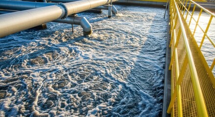 A wastewater treatment plant with bubbling water and pipes, showcasing the process of cleaning and purifying sewage for environmental protection and public health, with a yellow safety railing