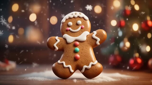 galleta de jengibre con expresi&oacute;n alegre bailando de forma divertida. La galleta tiene glaseado blanco detallado, botones de colores y un aspecto brillante como reci&eacute;n horneada. Se mueve.