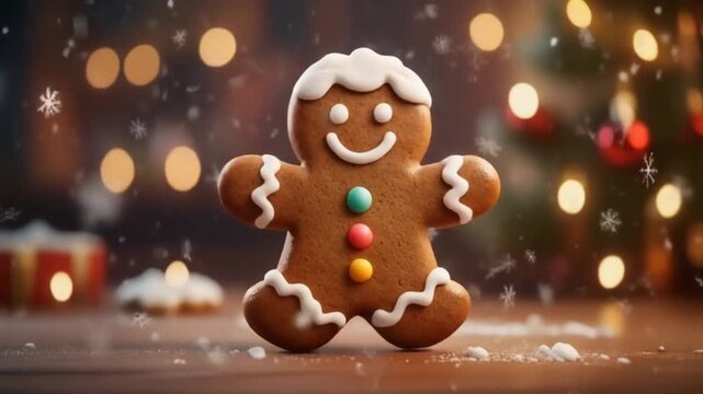 galleta de jengibre con expresi&oacute;n alegre bailando de forma divertida. La galleta tiene glaseado blanco detallado, botones de colores y un aspecto brillante como reci&eacute;n horneada. Se mueve.